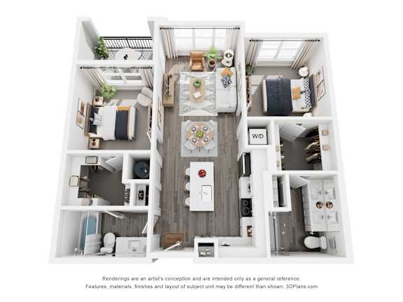 A 3D floor plan of a small apartment with a kitchen, living room, and two bedrooms.