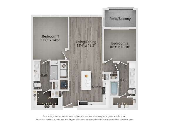 A floor plan of a two bedroom apartment with a living area and a balcony.