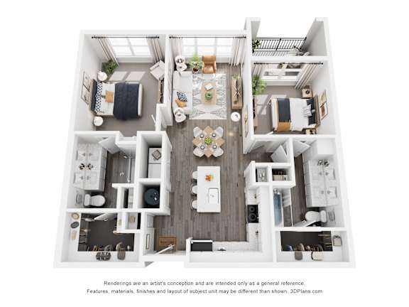 A 3D floor plan of a house with a kitchen, living room, dining room, and two bedrooms.
