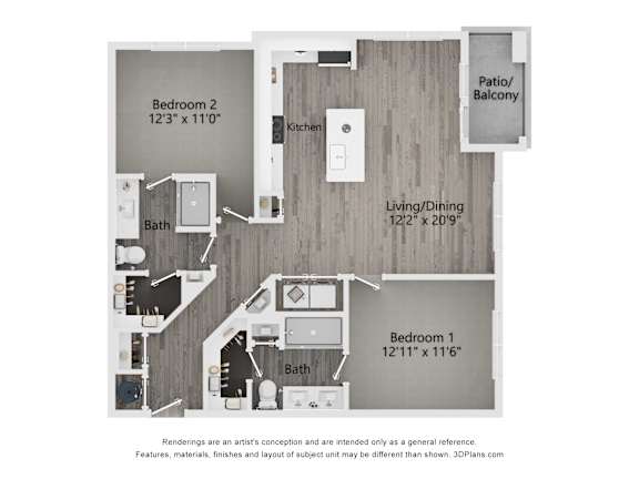 A floor plan of a two bedroom apartment with a living/dining area and a patio/balcony.