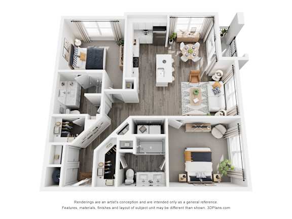 A 3D floor plan of a small apartment with a kitchen, living room, and bedrooms.