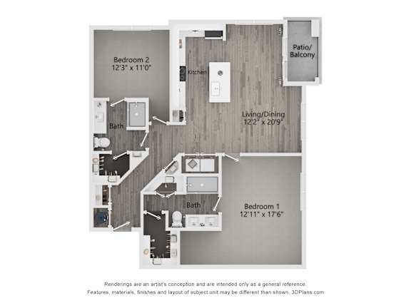 A floor plan of a home with two bedrooms, a living area, and a patio.