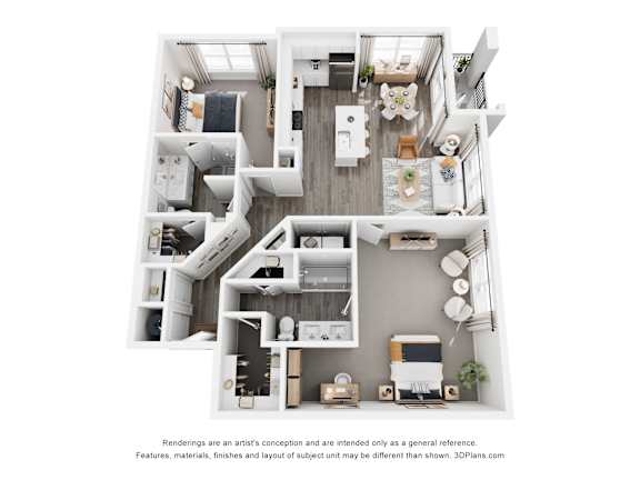 A 3D floor plan of a house with a kitchen, living room, and two bedrooms.