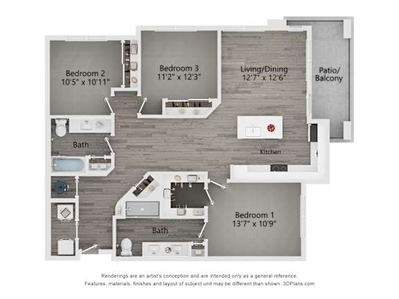A floor plan of a house with three bedrooms, a living area, a kitchen, and a bathroom.