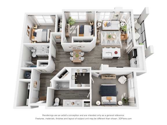 A 3D floor plan of a house with a kitchen, living room, and bathroom.