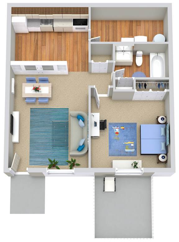 A floor plan of a small apartment with a kitchen, living room, and bedroom.