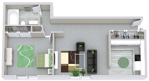 A white and green apartment layout with a kitchen, living room, and bathroom.