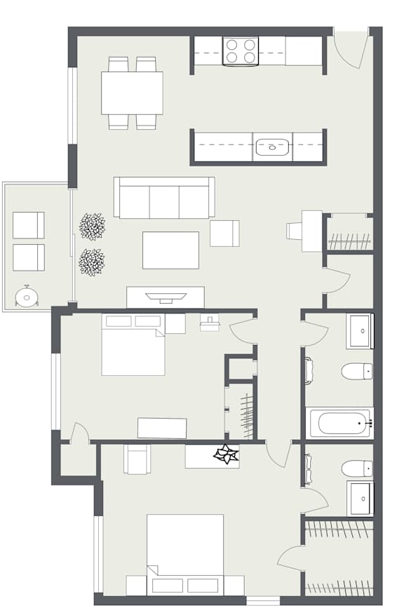 A floor plan of a house with a kitchen, living room, and bathrooms.