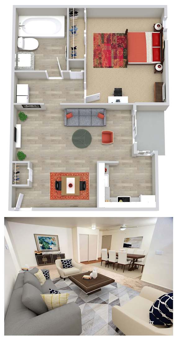 A top-down view of a living room and kitchen area.