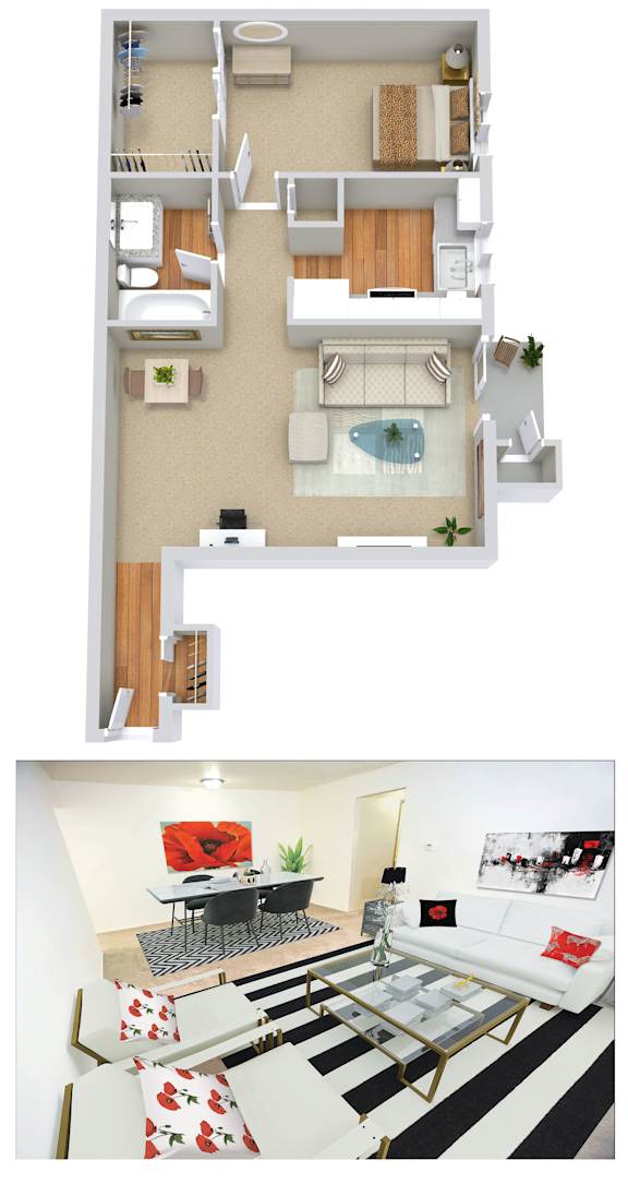 A floor plan and a photo of a living room with a black and white striped rug.