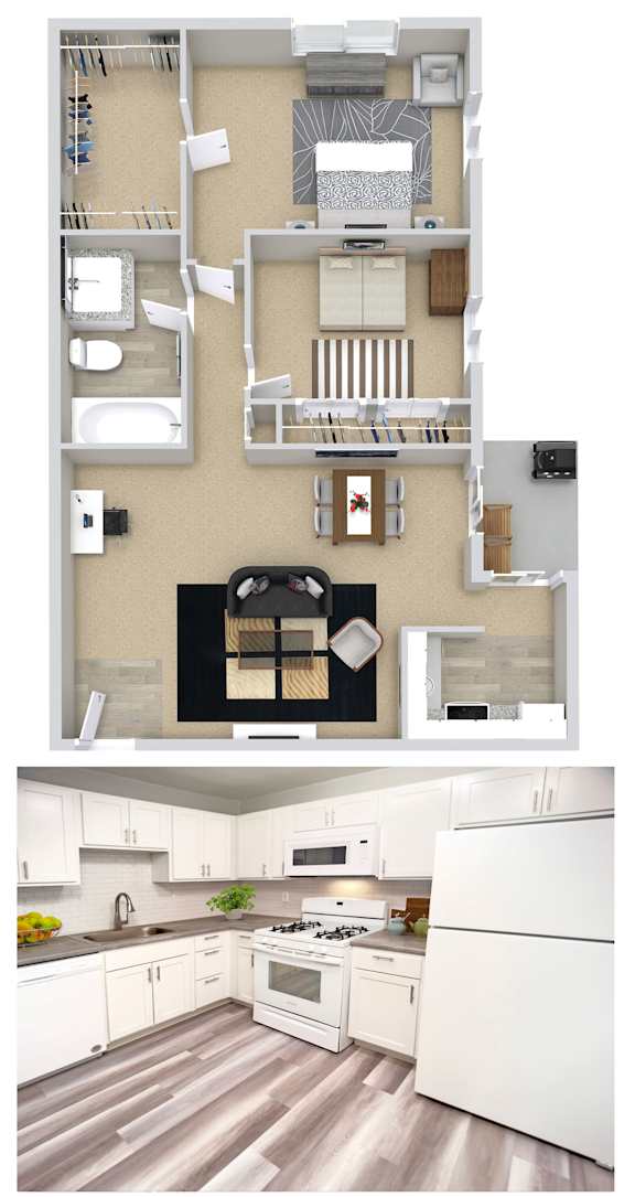 A floor plan and a photo of a kitchen with white cabinets and a wooden floor.