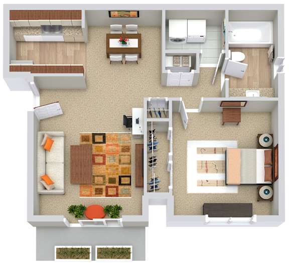 A top-down view of a house layout with a kitchen, living room, and bedrooms.