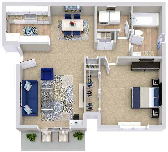 A top-down view of a living room, kitchen, and dining area.