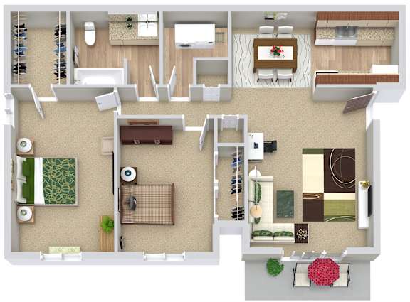 A top-down view of a house interior with a living room, dining area, kitchen, and bedrooms.