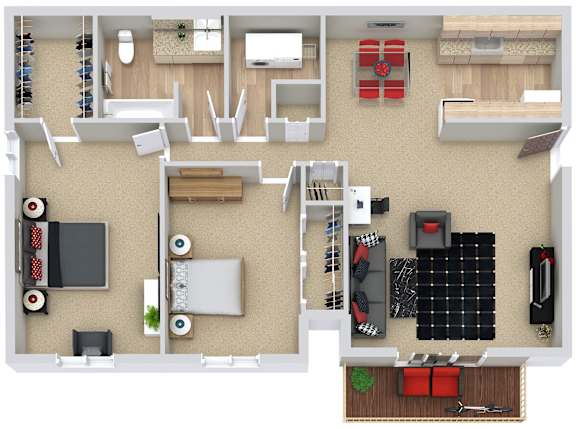 A top-down view of a small apartment with a kitchen, living room, and bedroom.