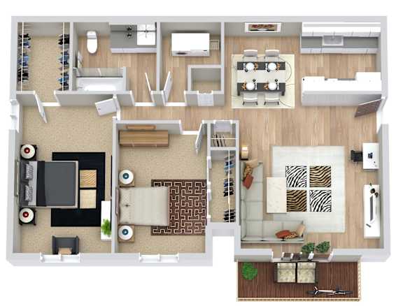 A top-down view of a house interior with a kitchen, living room, and dining area.