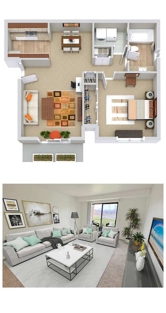 A top-down view of a house layout and a photo of a living room.
