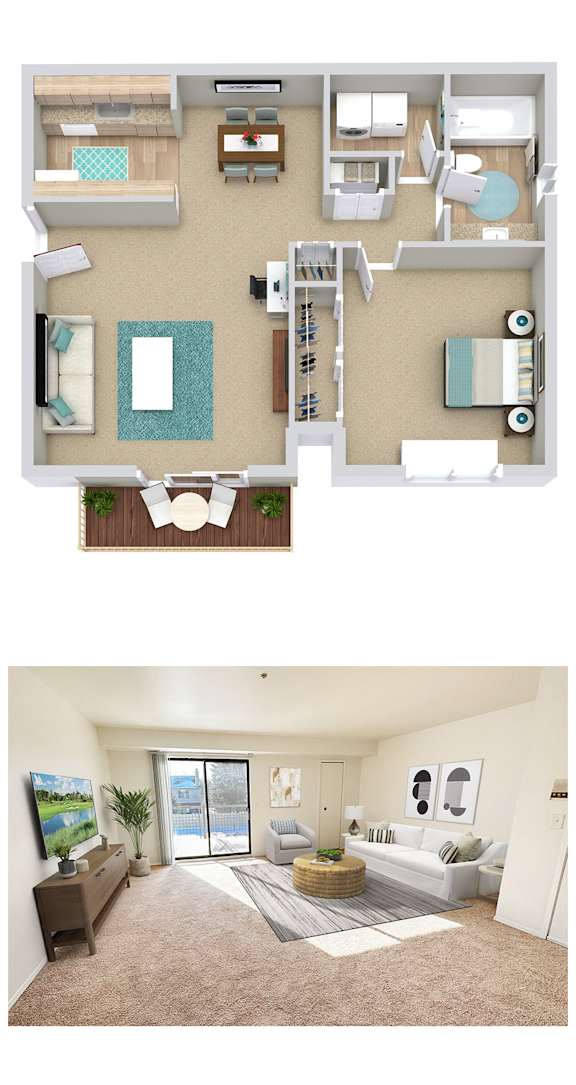 A floor plan and a photo of a living room with a couch, a coffee table, and a painting on the wall.