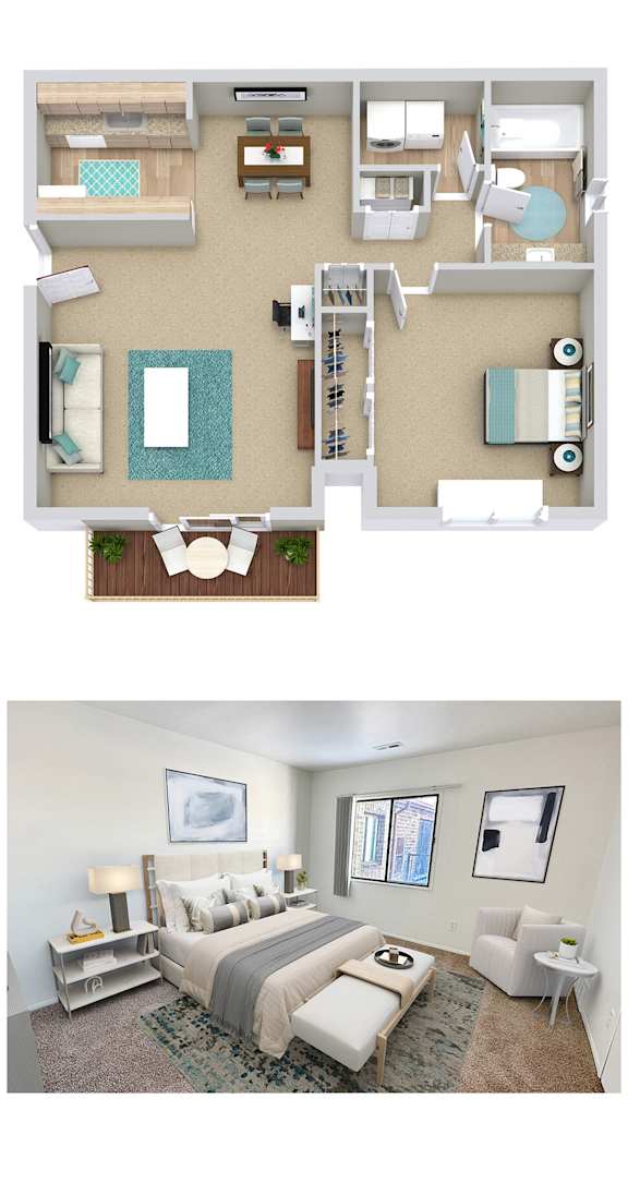 A bedroom with a large bed and a couch.