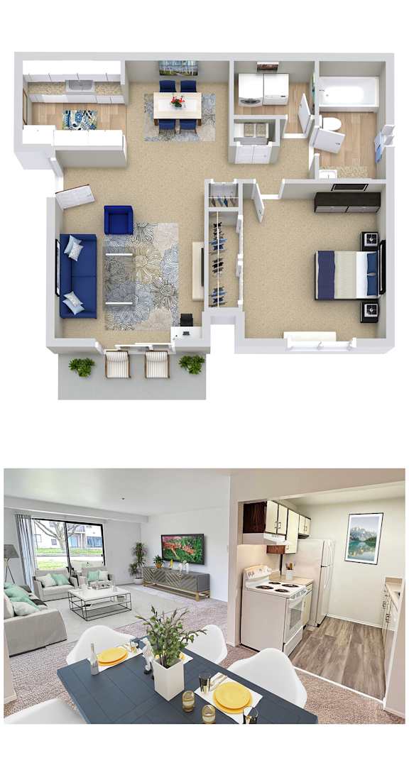 A floor plan and a photo of a living room with a kitchen in the background.