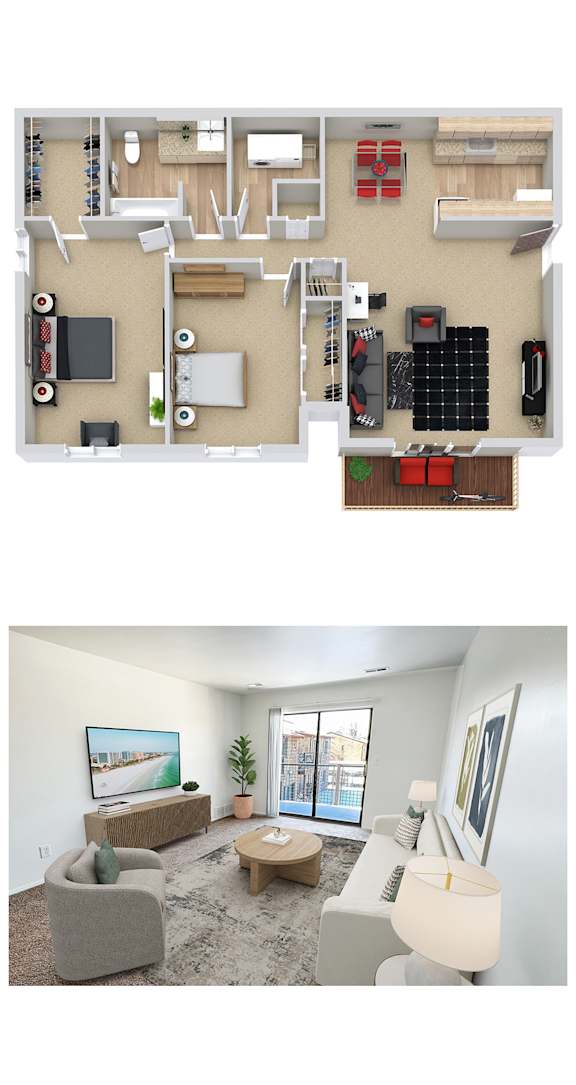 A top-down view of a house layout and a bottom-up view of a living room.