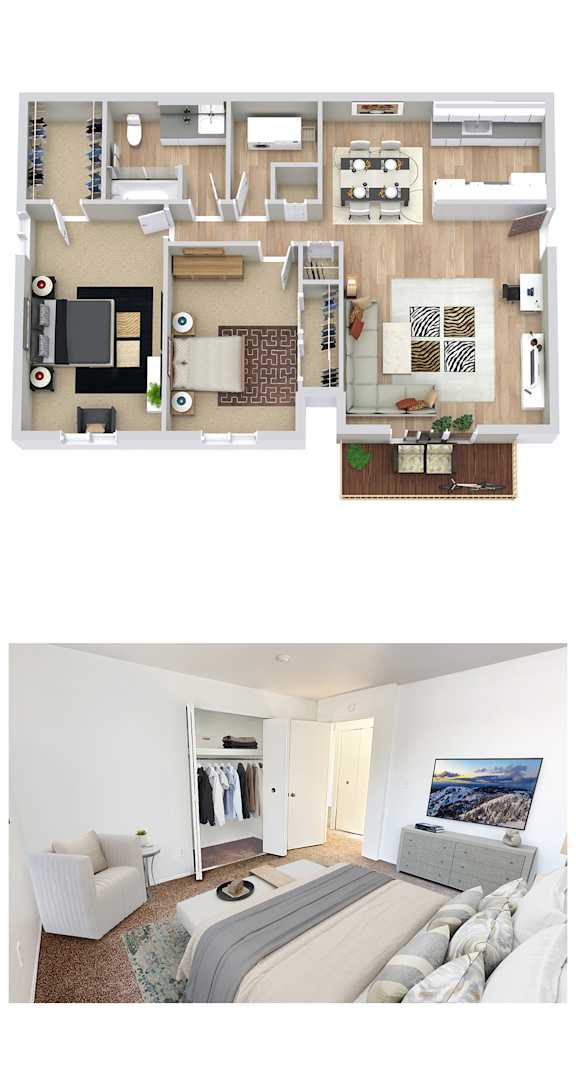 A floor plan and a photo of a bedroom with a bed, a couch, a TV, and a wardrobe.