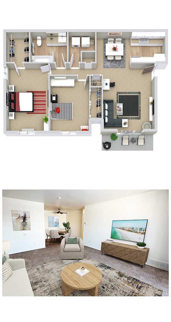A top-down view of a house layout and a bottom-up view of a living room.