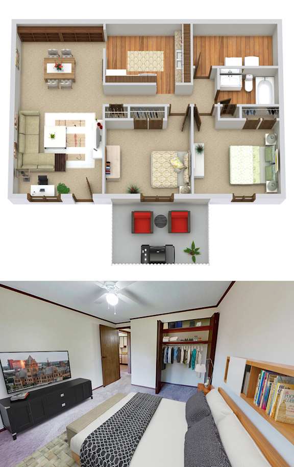 A top-down view of a house layout and a bottom-up view of a living room.