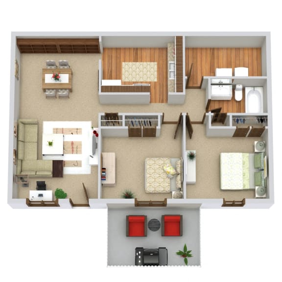 a 3d drawing of a 1 bedroom apartment with a bathroom and a living room