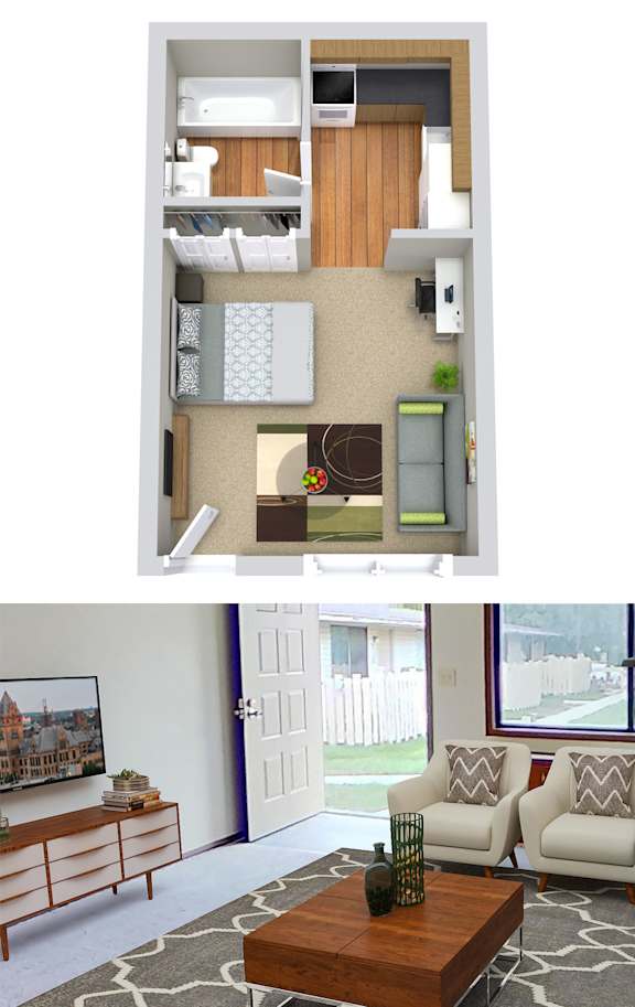 A top-down view of a small apartment with a living room below.