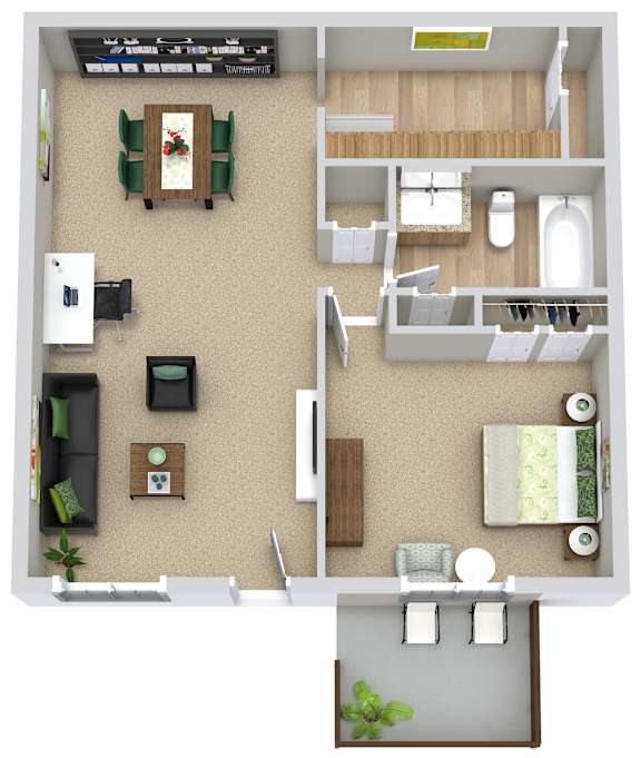 A floor plan of a house with a living room, kitchen, and bathroom.
