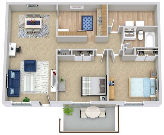 A floor plan of a house with a living room, kitchen, and two bedrooms.