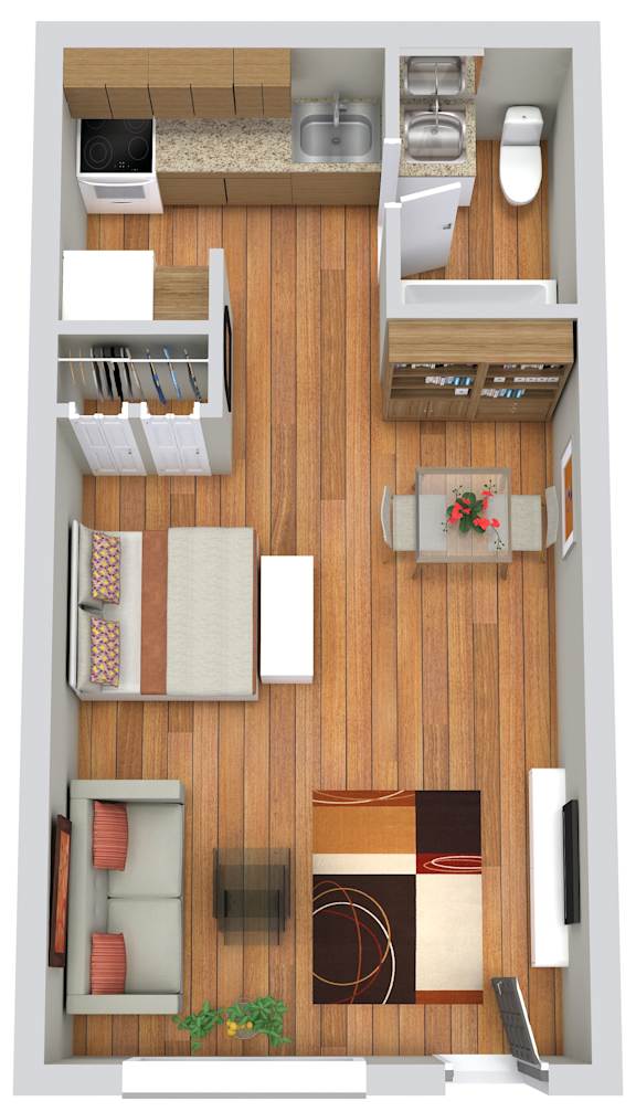 A top down view of a small apartment with a kitchen, living room, and bedroom.