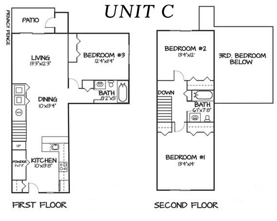 the unit c floor plan of a house with bedrooms and baths
