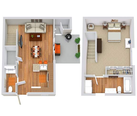 Two images of a house layout with a living room, kitchen, and bedroom.