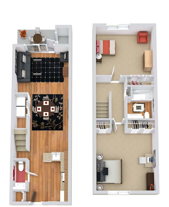 Two images of a room with a couch, a table, and a chair.