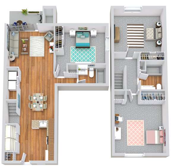 A floor plan of a two-bedroom apartment with a kitchen and living room.