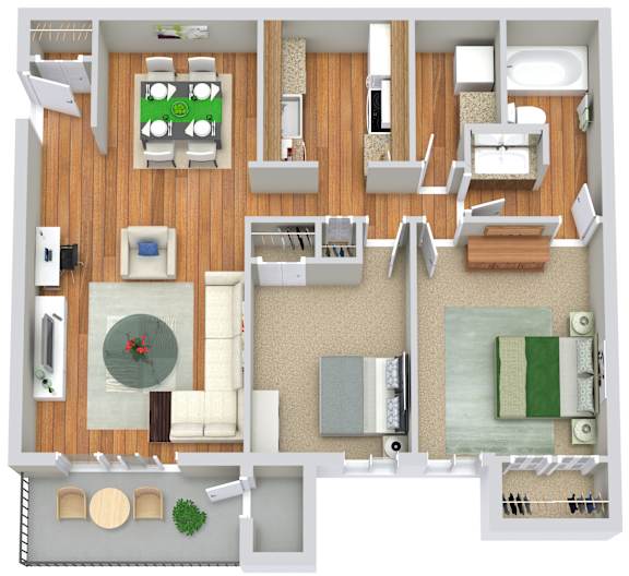 A top-down view of a living room, kitchen, and dining area.