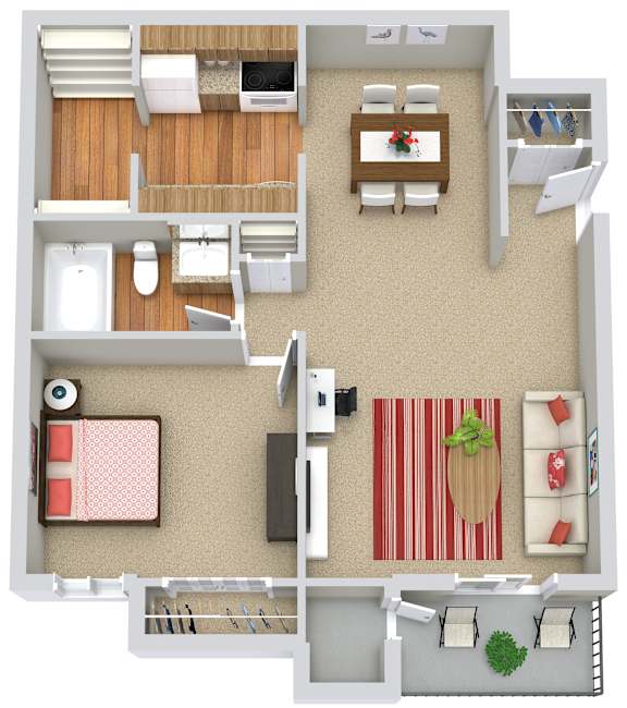 A top-down view of a small apartment with a kitchen, living room, and bathroom.