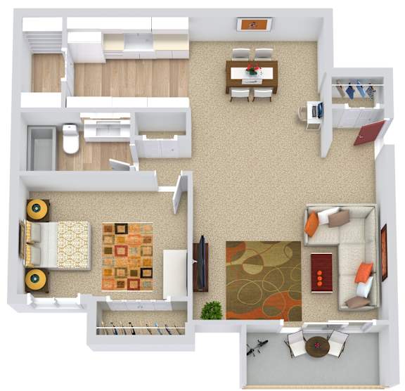 A top-down view of a living room with a couch, coffee table, and a rug.