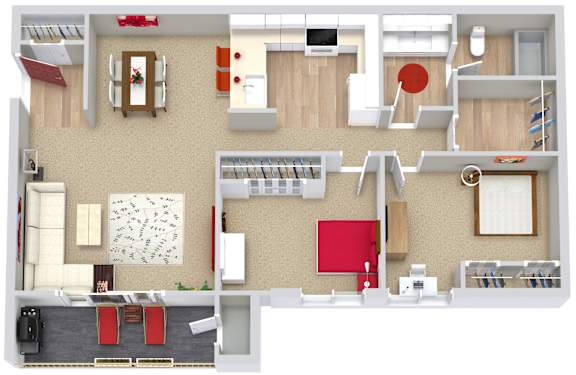 A floor plan of a house with a living room, kitchen, and dining area.