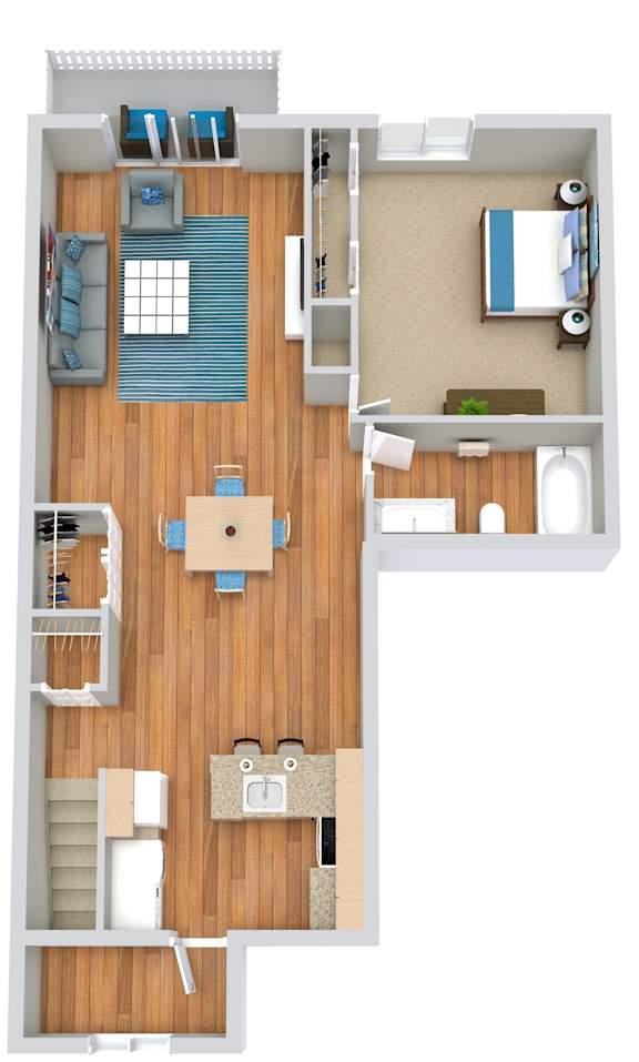 A top-down view of a room with a couch, chairs, a table, and a television.
