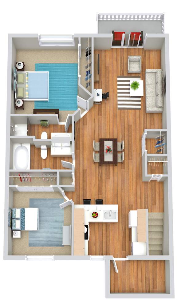 A top-down view of a small apartment with a kitchen, living room, and bathroom.