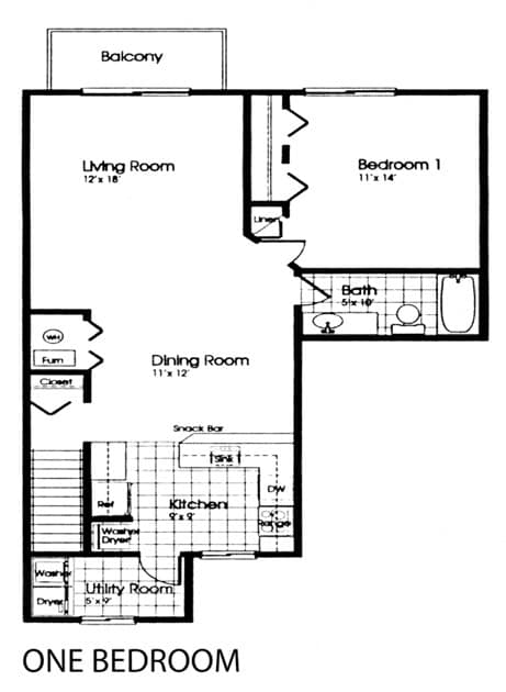 A black and white image of a one bedroom apartment layout.