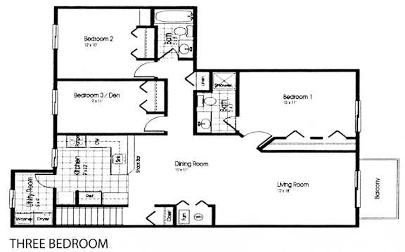 A black and white image of a three bedroom floor plan.