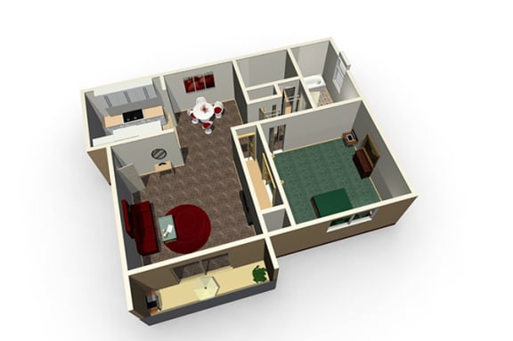 the isometric view of a 3d floor plan with a kitchen and living room
