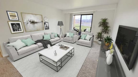 a living room with a couch and a table
