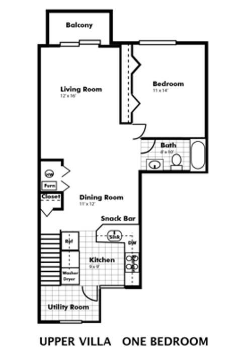 a floor plan of upper villa one bedroom with a bathroom and a living room