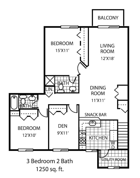 A floor plan of a 3 bedroom, 2 bath house with a balcony.