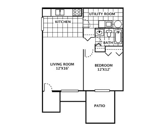 A floor plan of a small apartment with a living room, bedroom, kitchen, and bathroom.